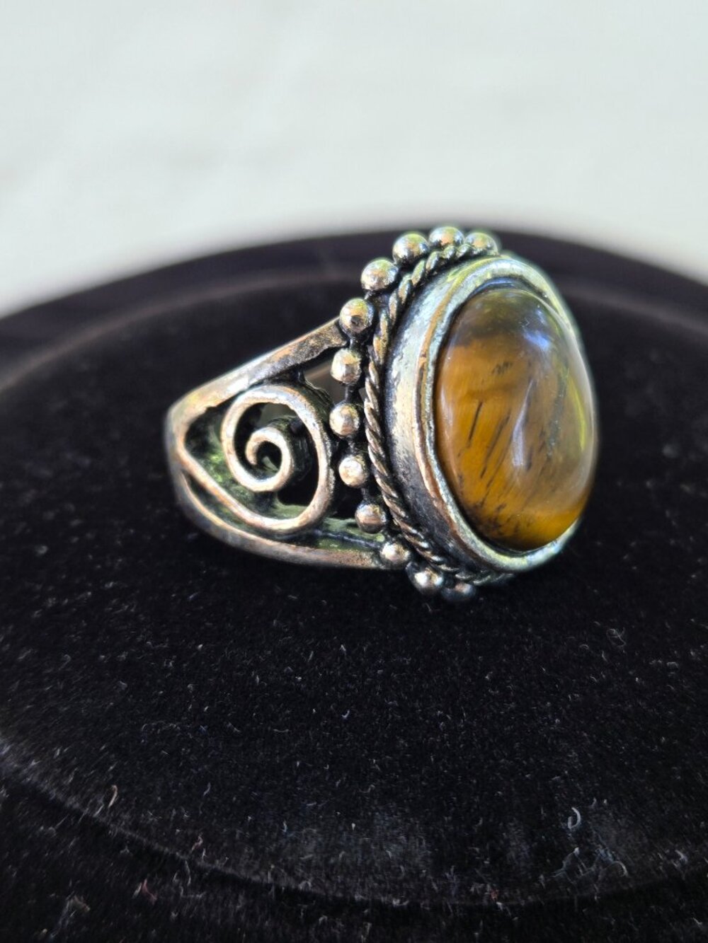 Faux Tiger Eye and Silver Tone Ring Unsigned